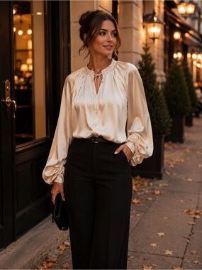 MINE Small Champagne Satin Blouse Ruched Balloon Sleeve Tie Neck Romantic